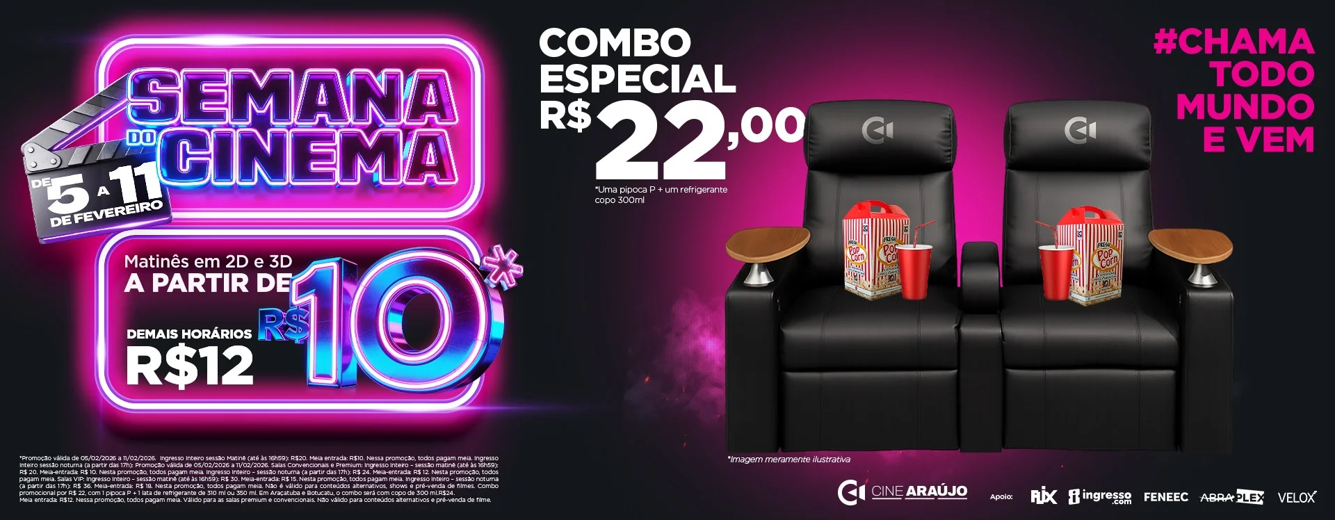 Banner Semana do cinema 2026 - Arte com copo
