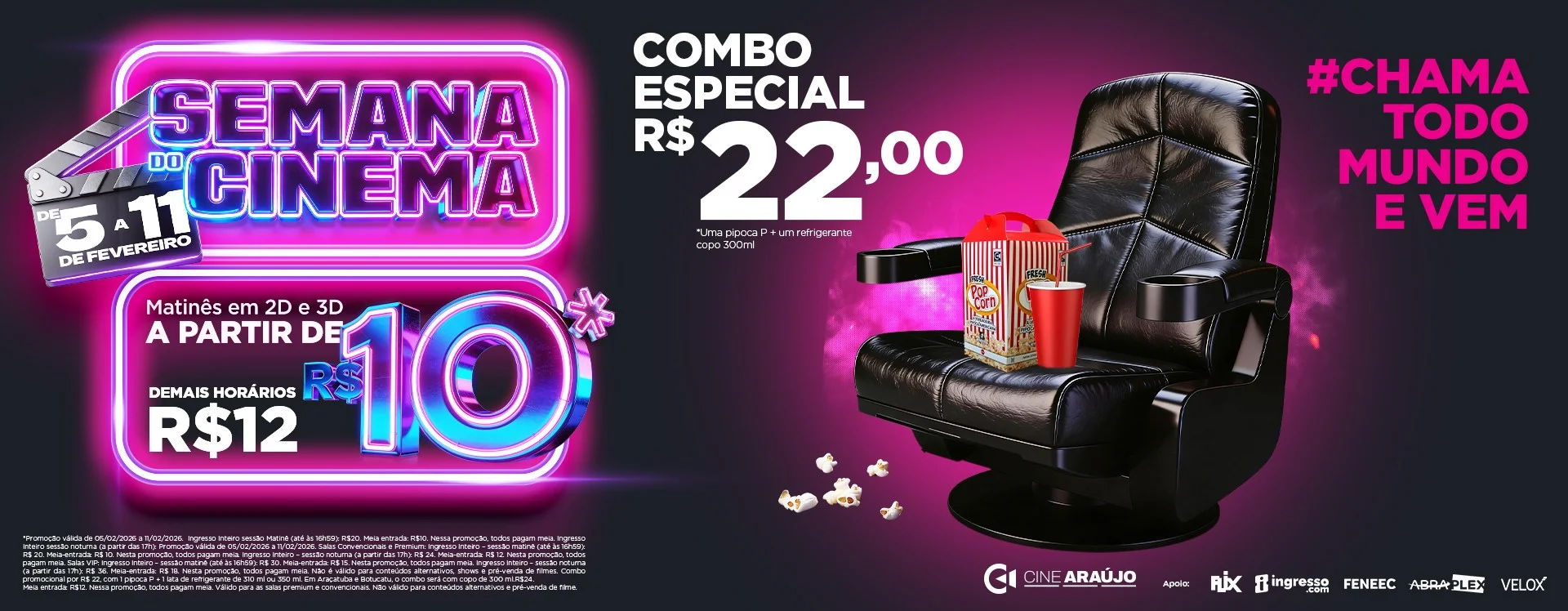 Banner Semana do cinema 2026 - Arte com copo